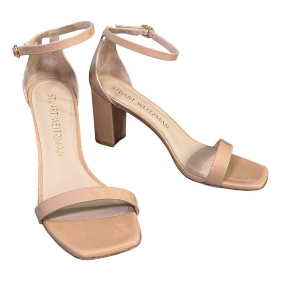 Stuart Weitzman Size 11B Ankle Strap Block Heel Sandal Nude Pink Patent Leather